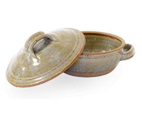 Richard Batterham (1936-2021): A Stoneware Twin-Handled Casserole, green ash glaze, painted 27,23cm diameter, 11cm high