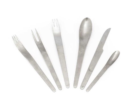 Arne Jacobsen for Georg Jensen: Matte Stainless Steel Cutlery, including eight dinner forks, three serving spoons, seven dess