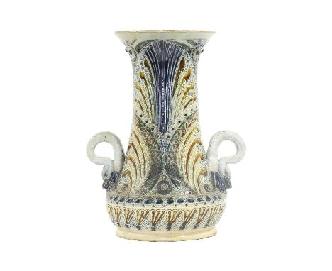 A Martin Brothers Stoneware Vase, by Robert Wallace Martin, with applied swan neck handles, incised with flowers and foliage,