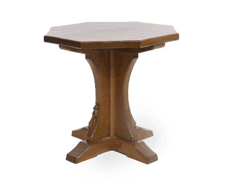 Workshop of Robert Mouseman Thompson (Kilburn): An English Oak Octagonal Coffee Table, 1956, the adzed top carved to edge SYL
