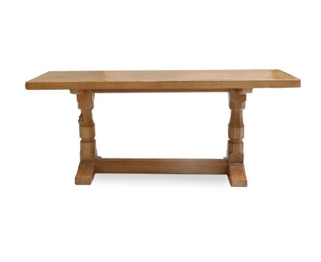 Workshop of Robert Mouseman Thompson (Kilburn): An English Oak 3'6" Refectory Coffee Table, 1996, the adzed rectangular top o