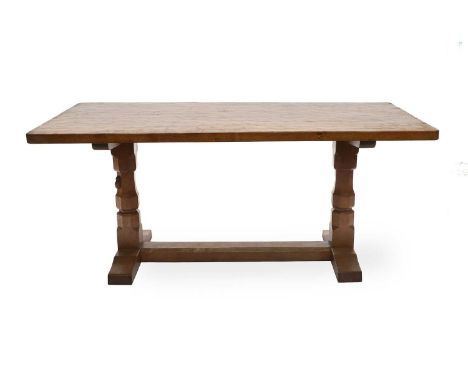 Workshop of Robert Mouseman Thompson (Kilburn): An English Oak 5' 6" Refectory Dining Table, the adzed four plank dowelled to