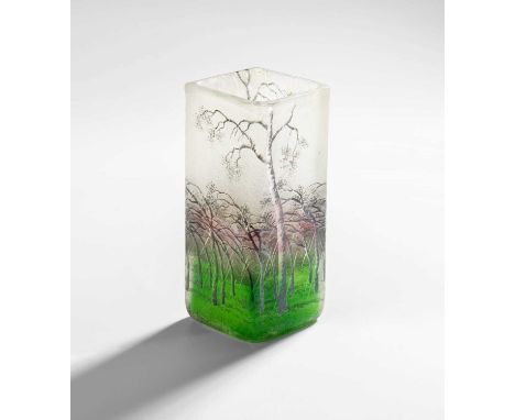 A Daum Nancy Enamelled Cameo Autumn Landscape Vase, square section form, decorated with a continuous scene of trees in rain, 