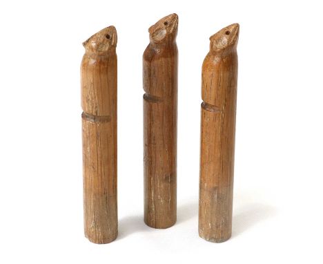 Workshop of Robert Mouseman Thompson (Kilburn): Three English Oak Coat Hanger Pegs, 1958, cylindrical with indentation for a 