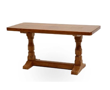 Workshop of Robert Mouseman Thompson (Kilburn): An English Oak 3ft Refectory Coffee Table, the adzed rectangular top on two o