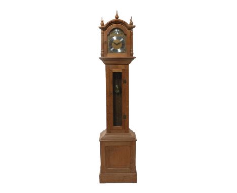 Sidney (Sid) Pollard (1914-1994) of Thirsk: An English Oak Small Longcase Clock, arched pediment with three turned finials, b