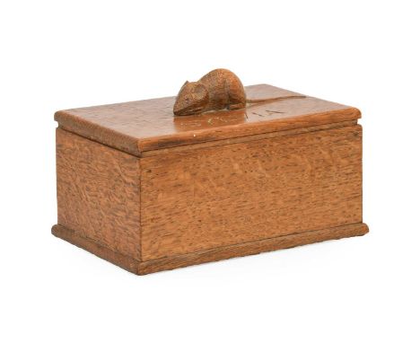Robert Mouseman Thompson (1876-1955): An English Oak Hinged Box, carved SYLVIA to lid, with carved mouse trademark, 15cm wide