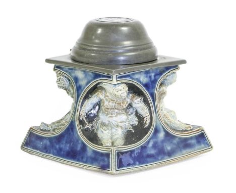 A Martin Brothers Stoneware and Pewter Mounted Inkwell, by Robert Wallace Martin, dated 1902, of square section form, the cut