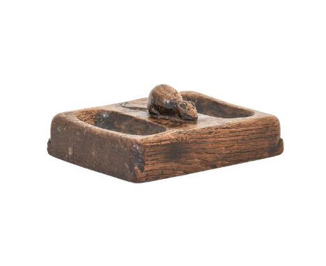 Robert Mouseman Thompson (1876-1955): An English Oak Double Pin Tray, circa 1930s, with carved mouse trademark,13cm by 10cm, 