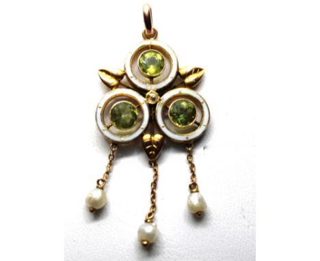 9ct Yellow Gold Art Nouveau Enameled Peridot and Seed Pearl Pendant.  There is three Round Old Brilliant Cut Peridot stones t