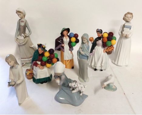 A collection of figures to include 5 Nao and 1 LLadro and 3 Royal Doulton. The Old Balloon Seller, Balloon Lady and Biddy Pen