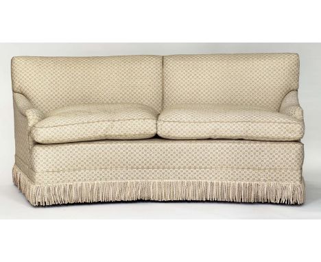 COLEFAX AND FOWLER SOFA, slightly curved in woven two tone geometric with bullion fringe from the collection of the late Mrs 
