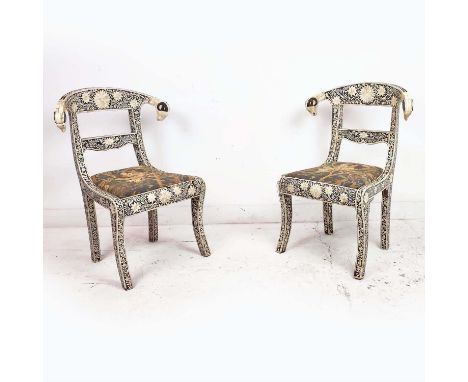 SIDE CHAIRS, a pair, Indian bone inlaid with tapestry style seats, 88cm H x 50cm W. (2)