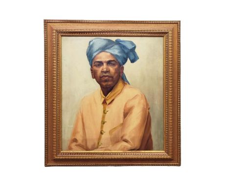 ORIENTALIST SCHOOL, PORTRAIT OF A MAN IN A TURBAN, POSSIBLY RAJASTHANI, oil on canvas, 59cm x 49cm, framed.