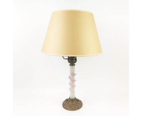SNAKE LAMP IN THE MANNER OF SAINT LOUIS , 19th century opaline glass with coiled pink snake on bronze base, with Vaughan gree