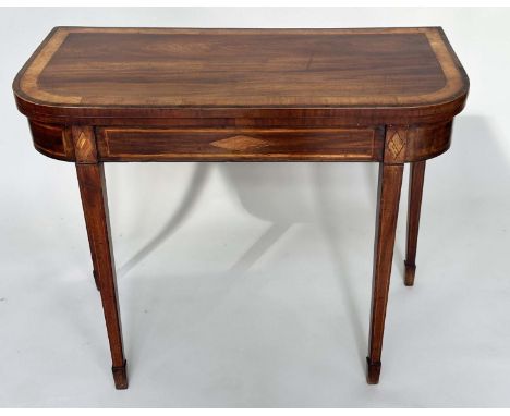 CARD TABLE, George III flame mahogany and satinwood crossbanded and inlaid of D form, foldover baize lined and square taperin