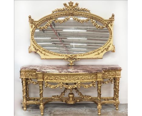CONSOLE TABLE AND MIRROR, Regency style, gilt painted, stone top, console 203cm x 61cm x 91cm approx. (2)