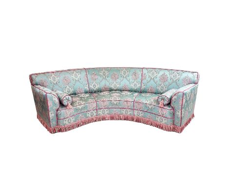 DANISH 'BANANA' SOFA, upholstered in silk Damask with bullion fringe and tasselled bolster cushions, 96cm H x 260cm W.