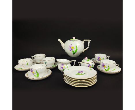 HEREND TEA SERVICE, six place setting, comprising a teapot, milk jug, sugar bowl and six cups and saucers. (Qty)