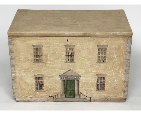 GEORGIAN HOUSE TRUNK, 19th century pine hand painted as an early Georgian town house on three sides, with rising lid and carr