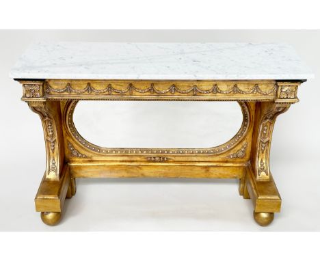 CONSOLE TABLE, Empire style giltwood and gesso with marble top, mirror back and swag frieze, 36cm D x 107cm W x 76cm H.