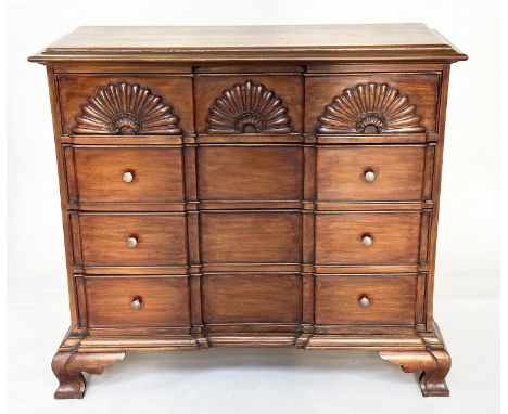 DUTCH COMMODE, antique Dutch walnut with carved frieze drawer above three further long drawers and cabriole support, 92cm x 4