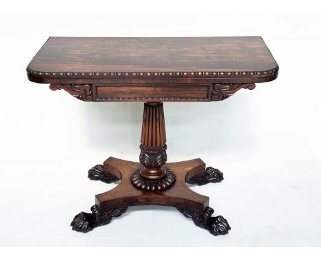 CARD TABLE, William IV rosewood, rounded rectangular baize-lined with carved frieze, reeded column and four part plinth with 