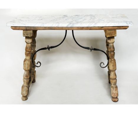 SPANISH CONSOLE TABLE, vintage bleached turned trestles with wrought iron scroll supports and antique Italian Breche Violette