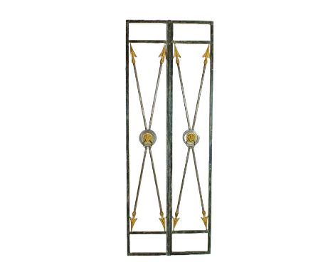 GATES, a pair, 1940s French wrought iron, arrow and lion head design, approx 210cm x 77cm. (2)