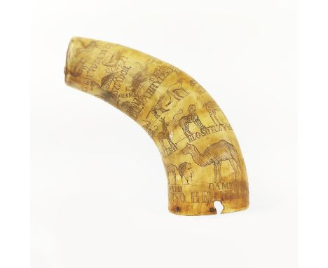 SCRIMSHAW HORN POWDER FLASK, decorated with exotic fauna, inscribed 'Abryl 25 Del 84, Lopynto Pascasyo Nystal, Soy De  Antony