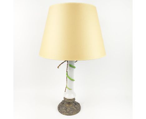 SNAKE LAMP IN THE MANNER OF SAINT LOUIS, 19th century opaline glass with coiled green snake on bronze base, 70cm H. (2)