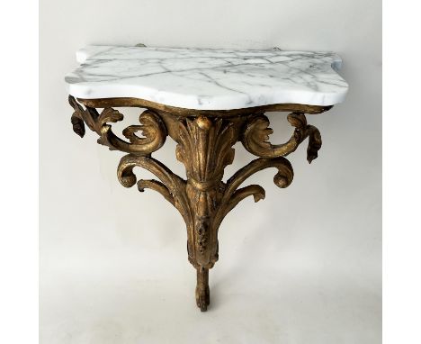 CONSOLE TABLE, 19th century French Louis XV design giltwood and gesso moulded, with variegated white marble top and cabriole 