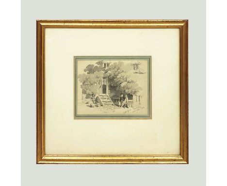 PAUL SANDBY MUNN (1773-1845), 'Cottage in Fort Place, Margate 1816 with figures, possibly portrait of JM Turner seated', wate
