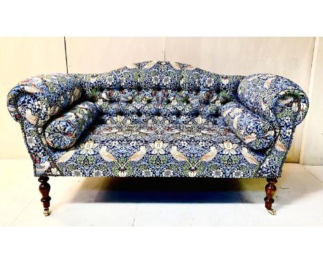 SOFA, Victorian style, with buttoned back, William Morris style upholstery on turned wooden supports, 75cm H x 143cm w x 56cm