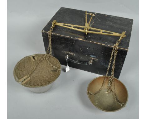 A vintage brass Match fishing balance scales in wooden box