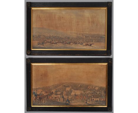A pair of hand coloured prints, by Fuller, 1819.  The Epsom Derby of 1818 and preparing to start for the two mile heat.  32cm