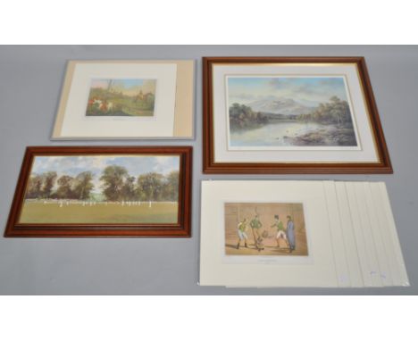 After H Alken, a facsimile set of 8 mounted sporting prints, a further framed example, a fishing print and another cricketing