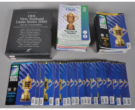 A collection of Rugby World Cup programmes and a sealed New Zealand Lions series match programme set from 2005