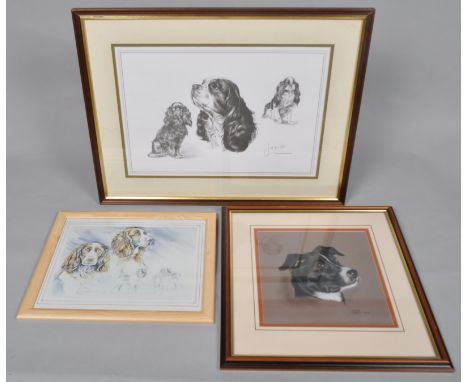 Sandra Leach, pastel, study of a dogs head and two framed prints of dogs 25cm x 26cm