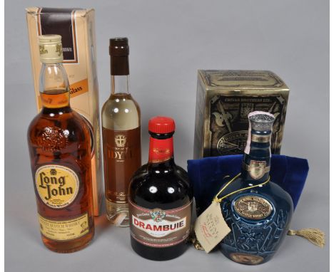 A flask Chivas Royal Salute, 70cl a bottle of long John whisky,one litre a bottle of Akvavit, 50cl and a bottle of Drambuie 7