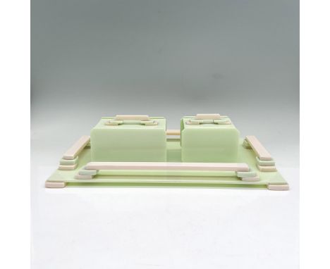 Light green and pink resin lidded boxes and tray for a dresser or vanity table. Tray: 14"L x 6.25"W x 0.5"H. Larger of the tw