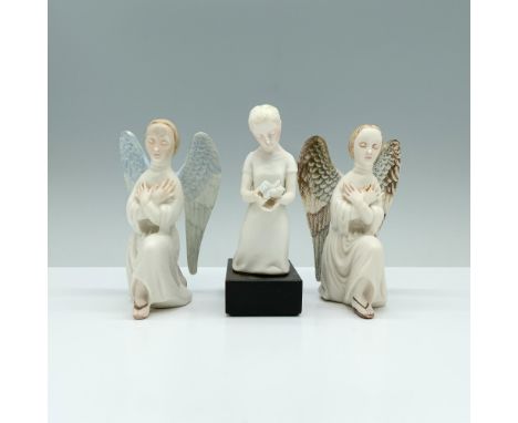 Two angels, one with blue wings and the other with brown wings, both kneeling in reverence, accompany a gentle young girl who