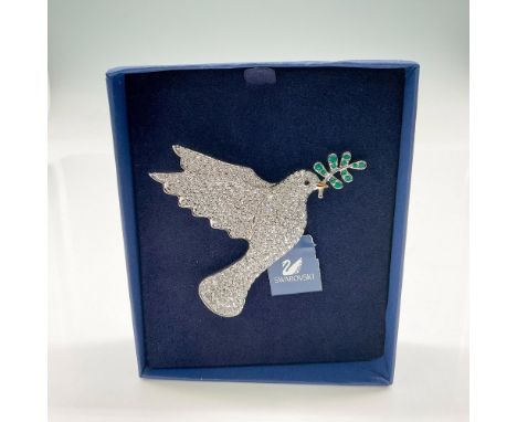 Beautiful pave crystal rhinestone pin with green crystal imbedded in leaves on branch. Swarovski impressed mark. 1515850. Thi