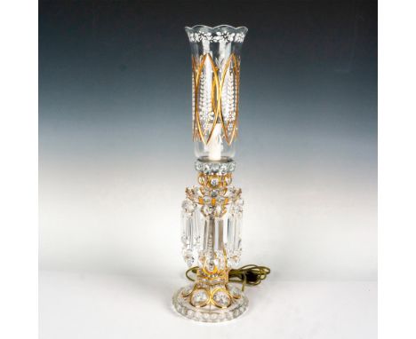 Exceptional quality electric hurricane lamp decorated with white enamel floral decoration, 24k gold accents. 12 cut crystal p