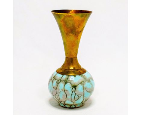 Turquoise vase with lustre finish and branch patterning. Round body. Brass spout.'Handpainted, Delft, Holland' backstamp. #de