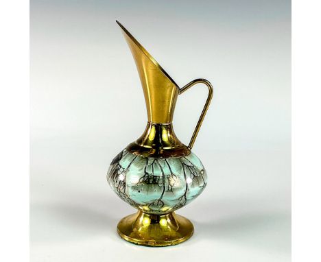 Turquoise toned with lustre finish &amp; branch patterning. Brass accented handle, spout, and base.Old Dutch Delft sticker on