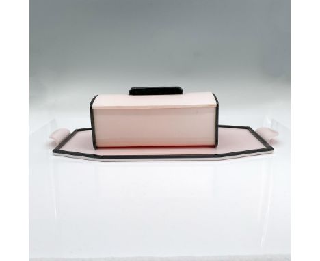 Light pink and black resin lidded box and tray for a dresser or vanity table. Tray 14"L x 6.25"W x 0.5"H. Box 7"L x 3.5"W x 3