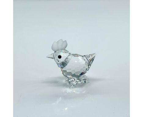 Clear faceted crystal figure of a little hen, frosted comb. Part of the Barnyard Friends collection. Swarovski etched backsta