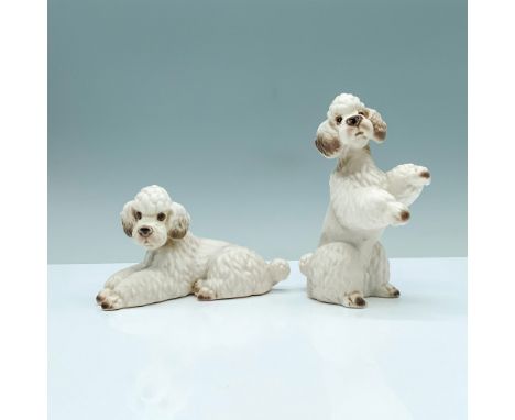 A pair of two white poodle figurines, one laying down on all fours, the other standing up on his hind legs. Lefton backstamp.