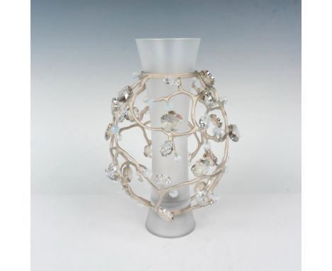 Very beautiful, lead crystal vase. This frosted vase features crystal blossoms in white opal, crystal shade and clear crystal